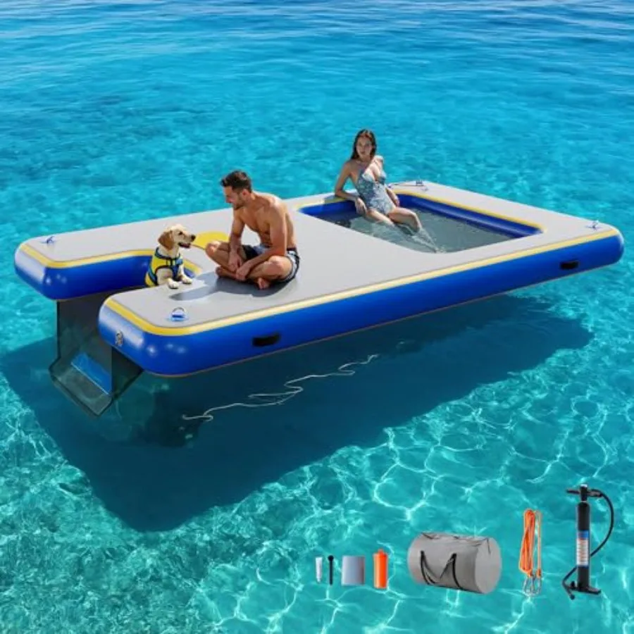 

Inflatable Floating Dock for Pool Lake Beach Ocean, PVC Non-Slip Surface, Gray, Ultra-Stable Air Dock Platform with Rope Ladder
