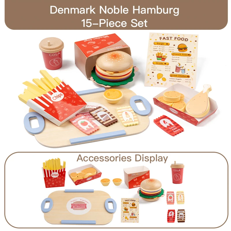 ชุดของเล่นอาหารฟาสต์ฟู้ดแฮมเบอร์เกอร์ไม้ - เหมาะสำหรับเด็กเล่นบทบาทสมมติในครัว ฝึกทักษะการเคลื่อนไหวอย่างละเอียด และการเล่นแบบสังคม