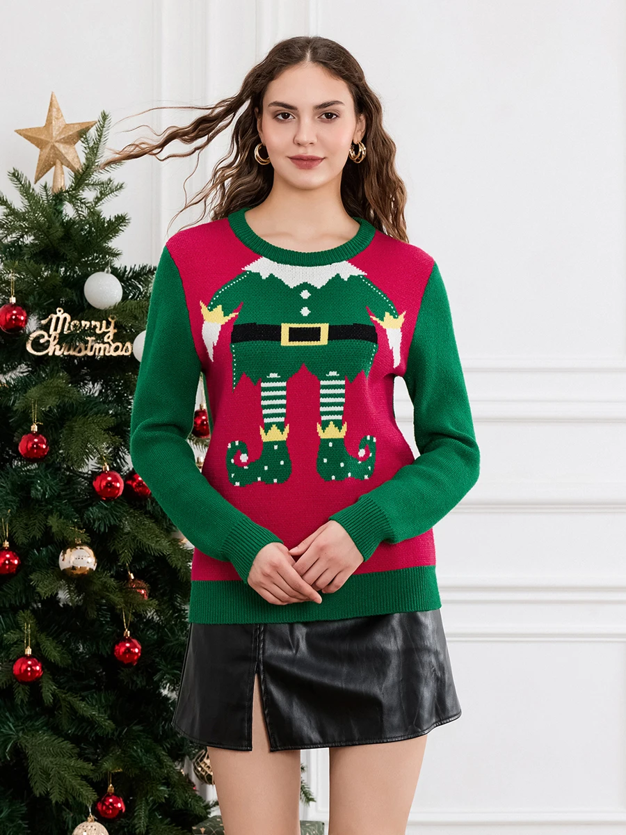 Women Cute Christmas Sweaters Casual Trendy Elf Legs Print Crew Neck Warm Pullover Basic Knitwear for Fall Streetwear