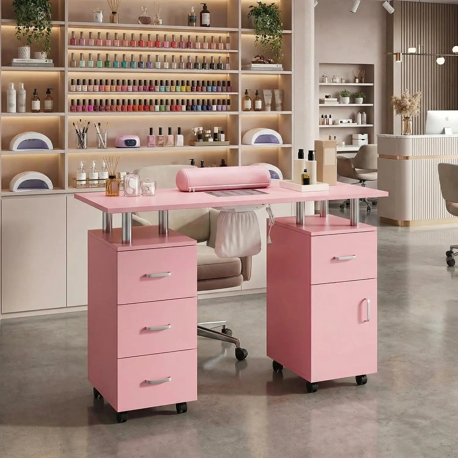 Manicure Table Nail Desk, Nail Station with Electric Dust Collector, Wrist Rest and Storage Drawers Cabinet, Beauty, Customized