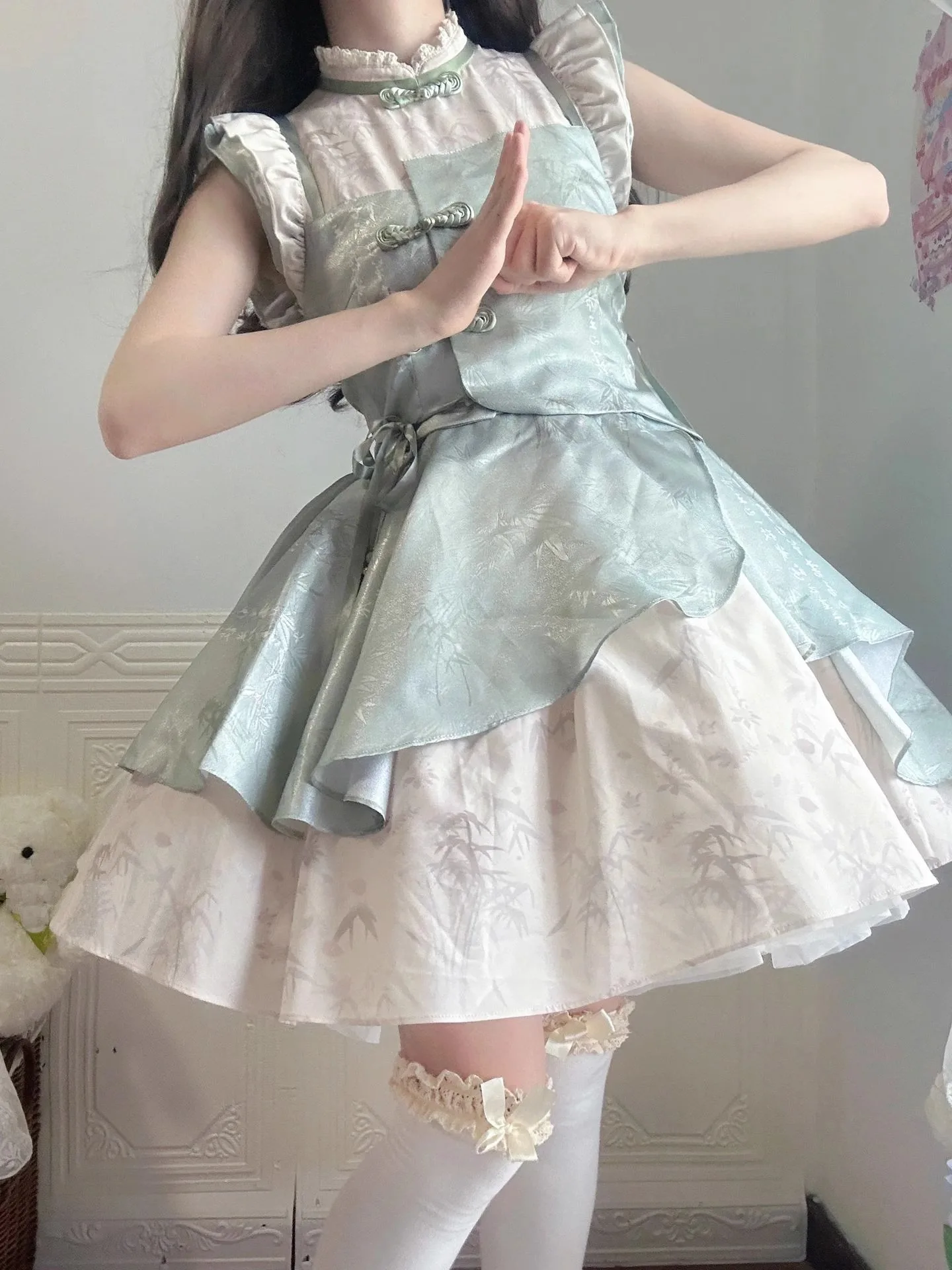 

New Chinese Style Improved Cheongsam Green Dress Lolita Cute Sweet Umbrella Princess