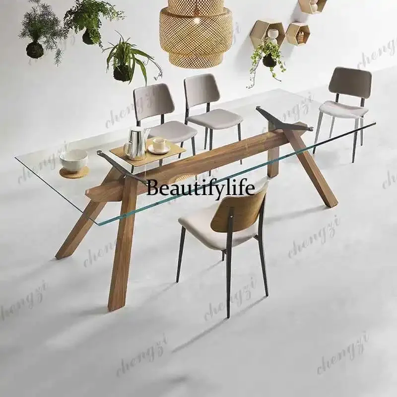 A68Italian modern minimalist creative walnut dining table tempered glass desk desk