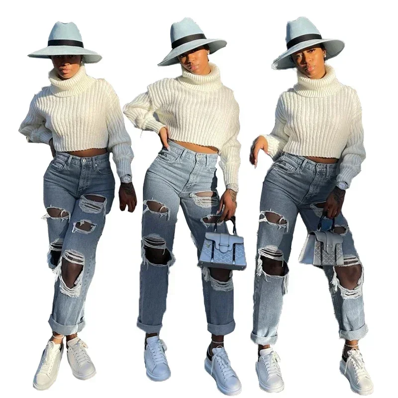 Loose Distressed Slim Washed Jeans Wide Leg Denim Pants Women 2023 Pantalones De Mujer Hole Ripped Casual Trousers Streetwear