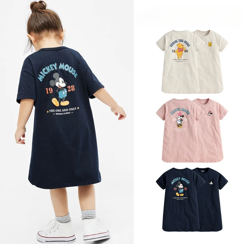 Japanese Style New Summer Kids Girl Dress Loose A-line Pure Cotton Thin Short Sleeve Mickey Minnie Winnie Bear Casual Skirt K660