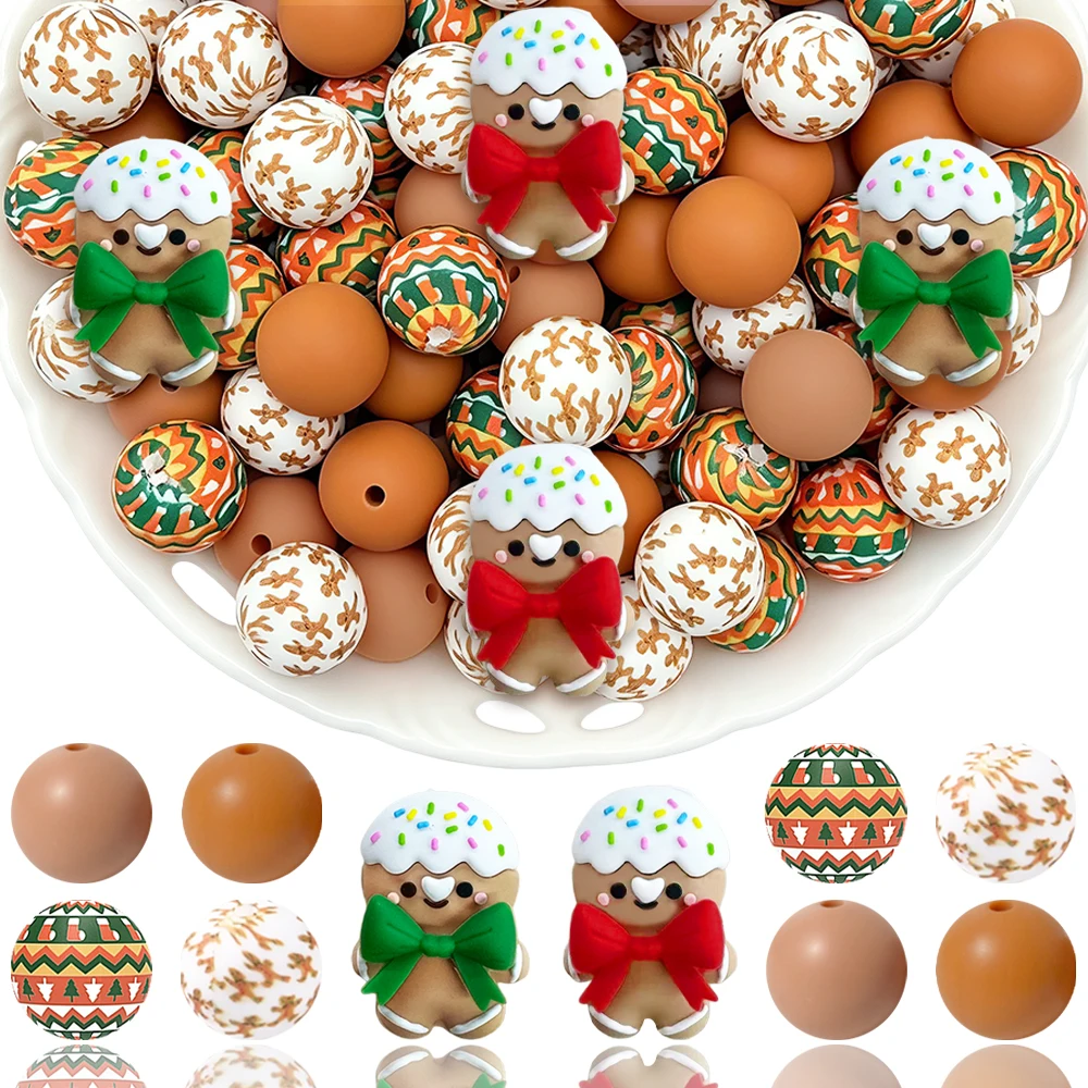 32-teiliges Set mit Weihnachts-Lebkuchenmann-Silikonperlen zum Selbermachen von Perlenketten, Armbändern, Stiften, Schmuckanhängern usw. Geburtstagsgeschenk für die Feiertage – Detail 1