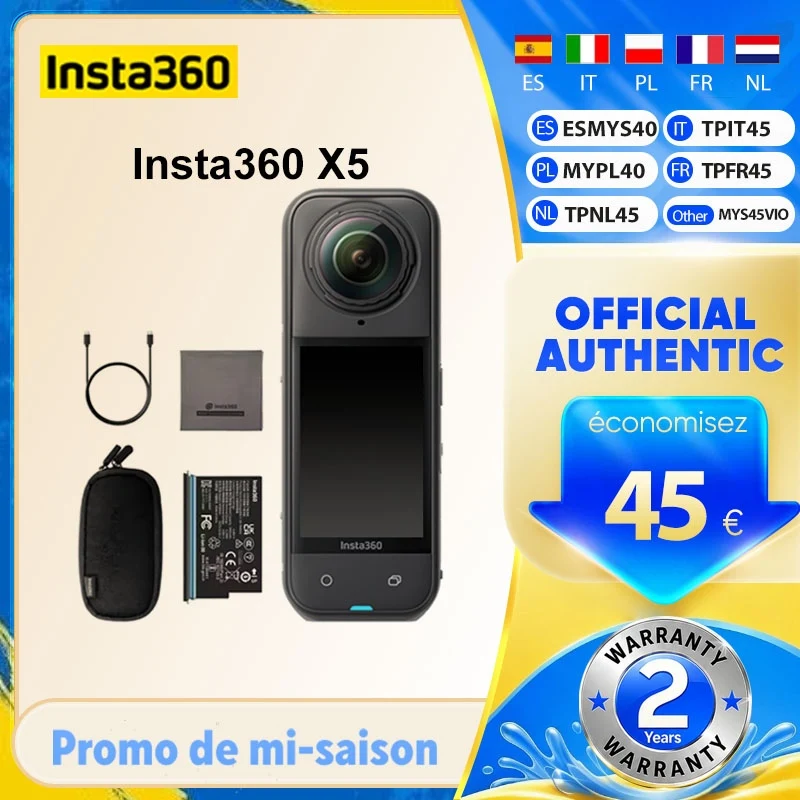 Insta360 X5 360 °   Fotocamera Impermeabile 8K per Scarsa Illuminazione, Effetto Selfie Stick Invisibile, Lente Sostituibile, Batteria 3H