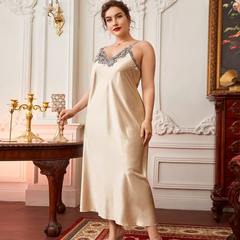 

Fashion New Pajamas Slip Dress Spring Summer Thin Fashion Lace Robe Long Imitation Silk Casual Home Wear Sleepwear Women