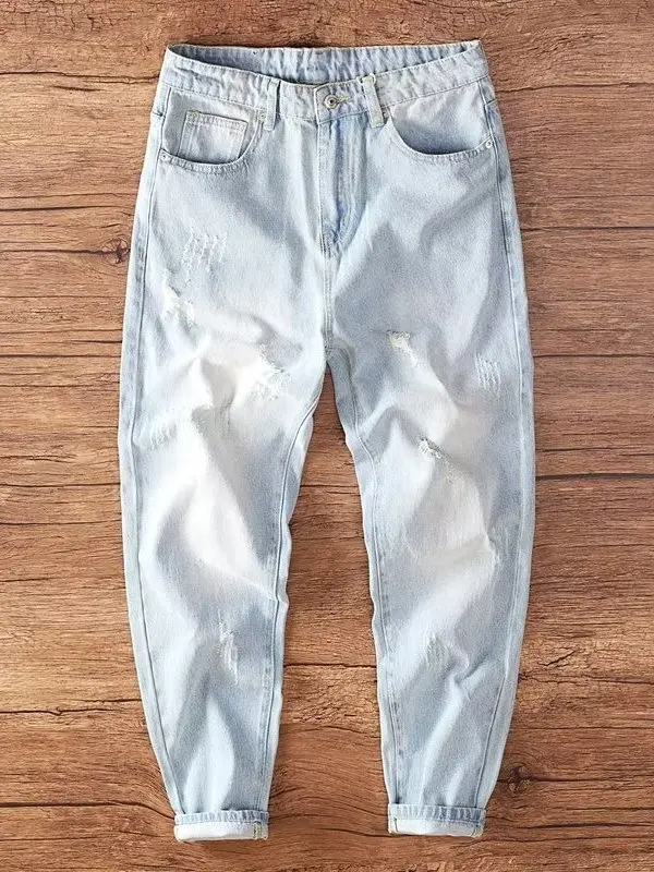 

Модные мужские джинсы с эффектом потертости, свободного кроя, конусовидные, длинные брюки в стиле Harlan, универсальные, для весны и осени, синие, из выцветшего денима