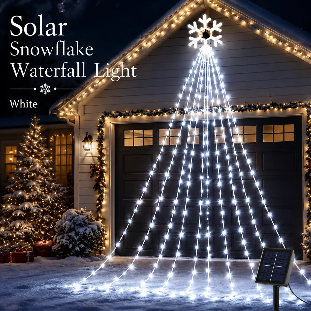 Solar Christmas Lights Snowflake Waterfall String Lights 200/290LED 8 Modes Outdoor Garden Yard Patio Holiday Decoration