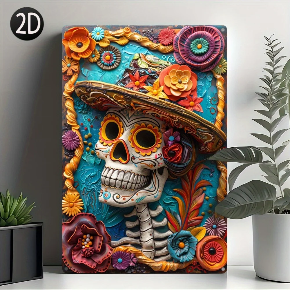 1pc Vintage Style Aluminum Metal Wall Art Plaque - Mexican Skull with Sombrero, Floral Design, No Electricity Required