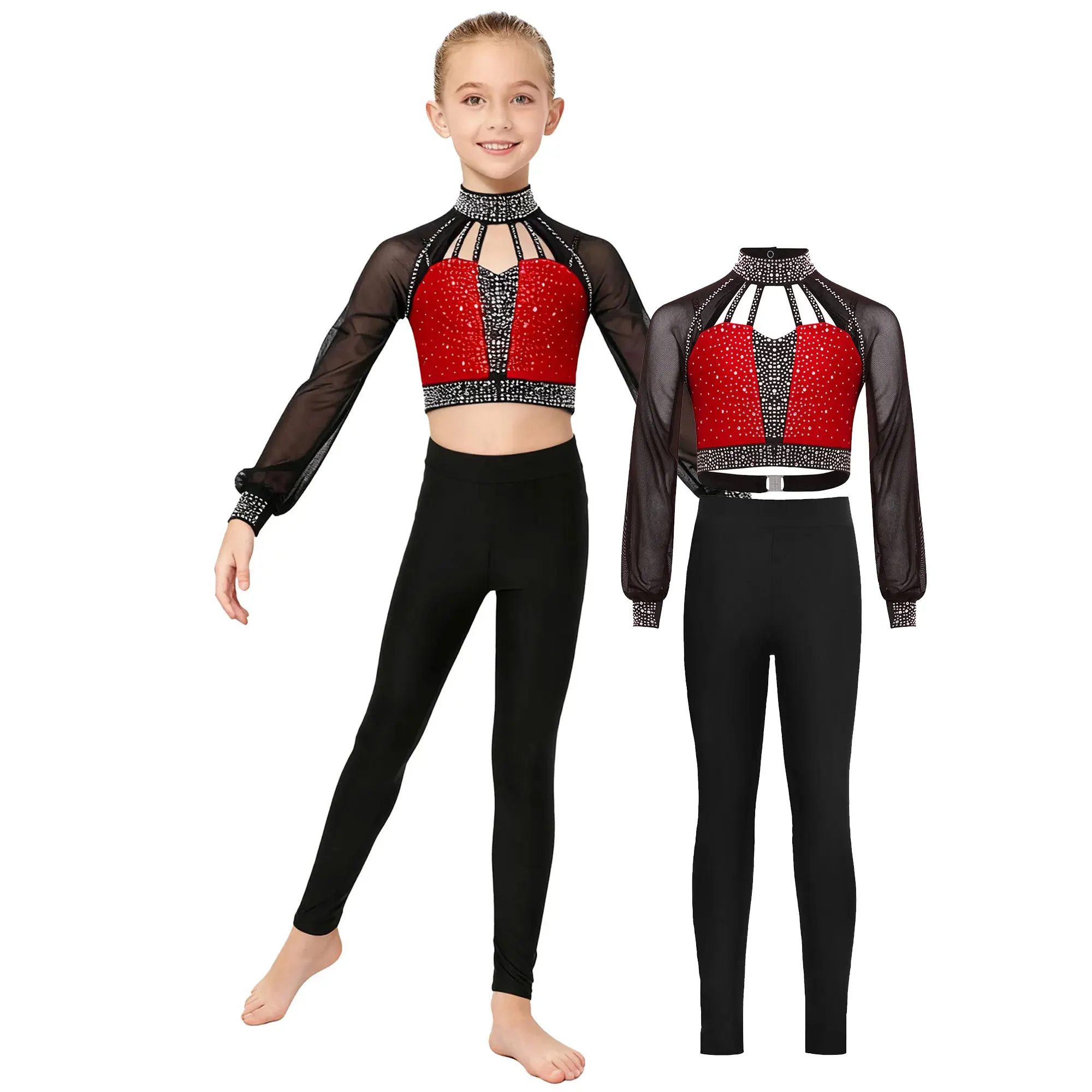 Kids Girls Jersey Gymnastics Dance Outfit Long Sleeves Strappy Shiny Rhinestones Crop Top with Legging Jazz Ballet Dance Costume