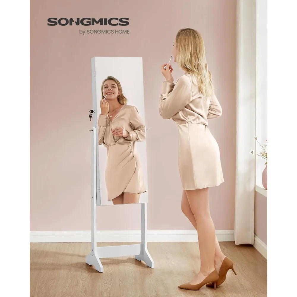 Freestanding Mirrored Jewelry Cabinet with LED Lighting and Storage Organizer