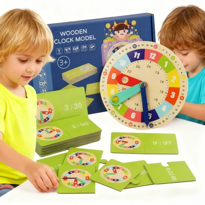 

Wooden Clock Model Teaching Aid with Card for Kindergarten 1-2 Grade Students Time Cognition Interaction Learning Education Toys