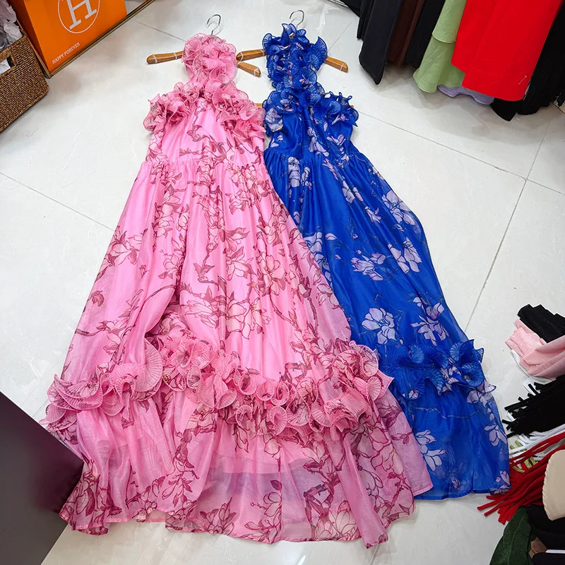 

Французское элегантное нишевое платье макси без рукавов с воротником-халтер, с эффектными оборками, романтичное, класса люкс