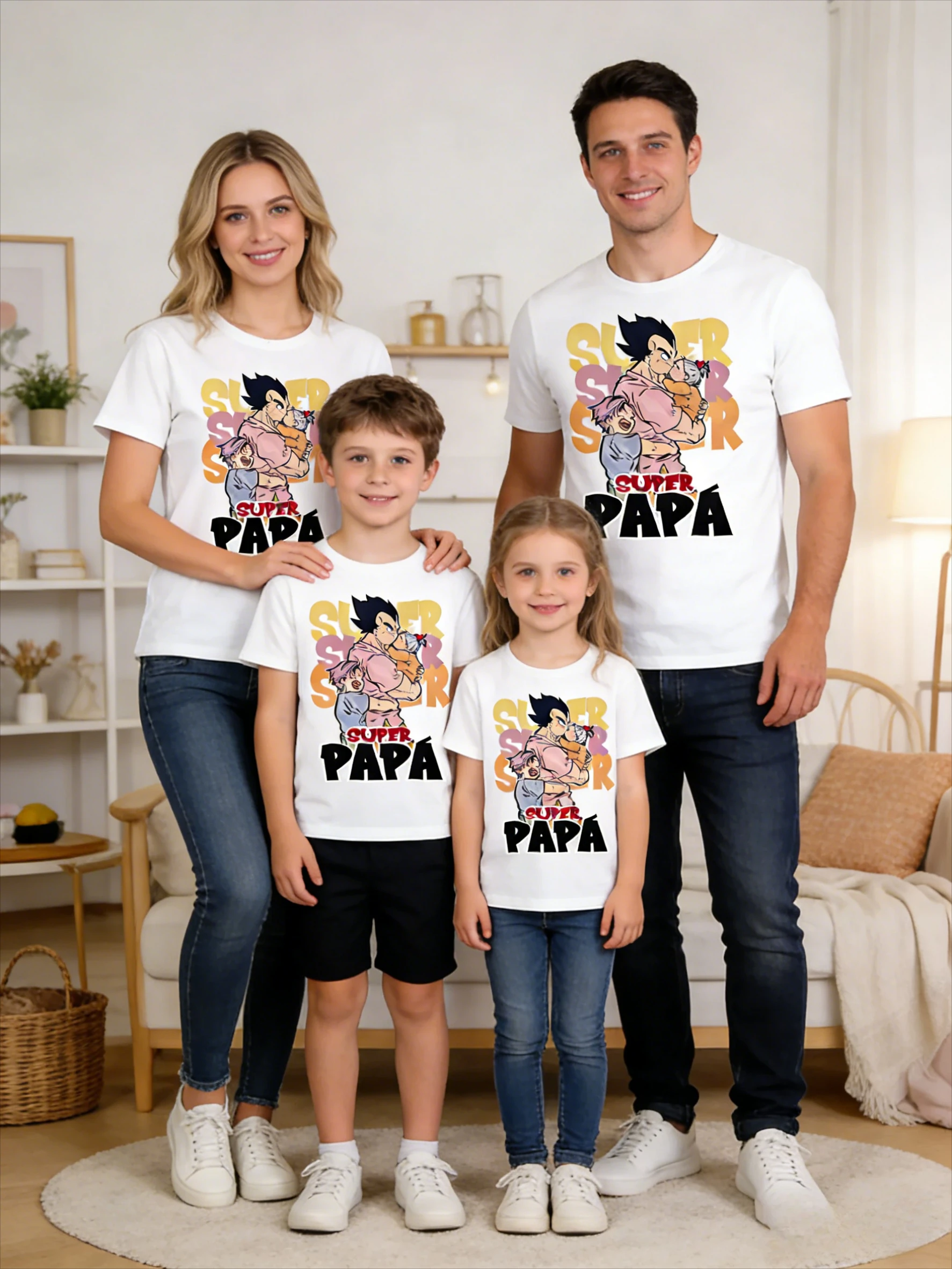 

2026Summer Dragon Ball Vintage Anime Tshirt Pure Cotton Casual Loose Family Matching TeeVegeta Super Papá Print with Trunks &Bra