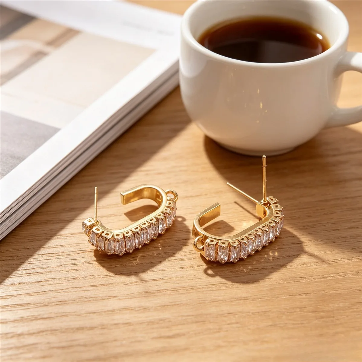 Brass Gold Plated Square Zircon C-Shape Stud With Hanging Loop DIY Minimalist Handmade Dangle Earring Jewelry Findings