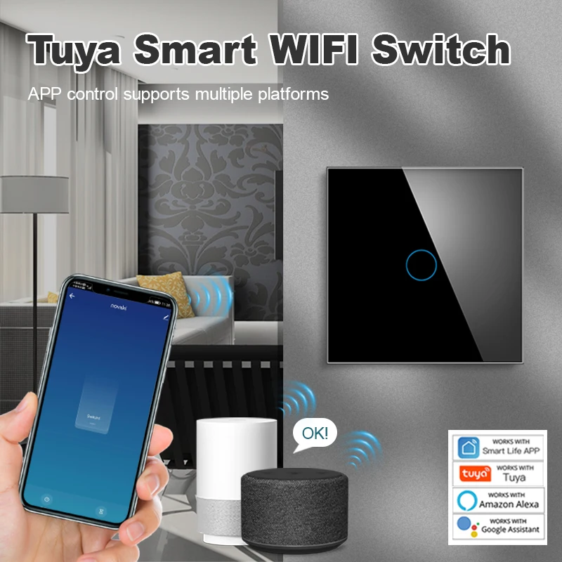 Tuya-ワイヤレスウォールスイッチ,Wi-Fi,220V,音声コマンド,タッチセンサー,LEDライト,Alexa,Google Home