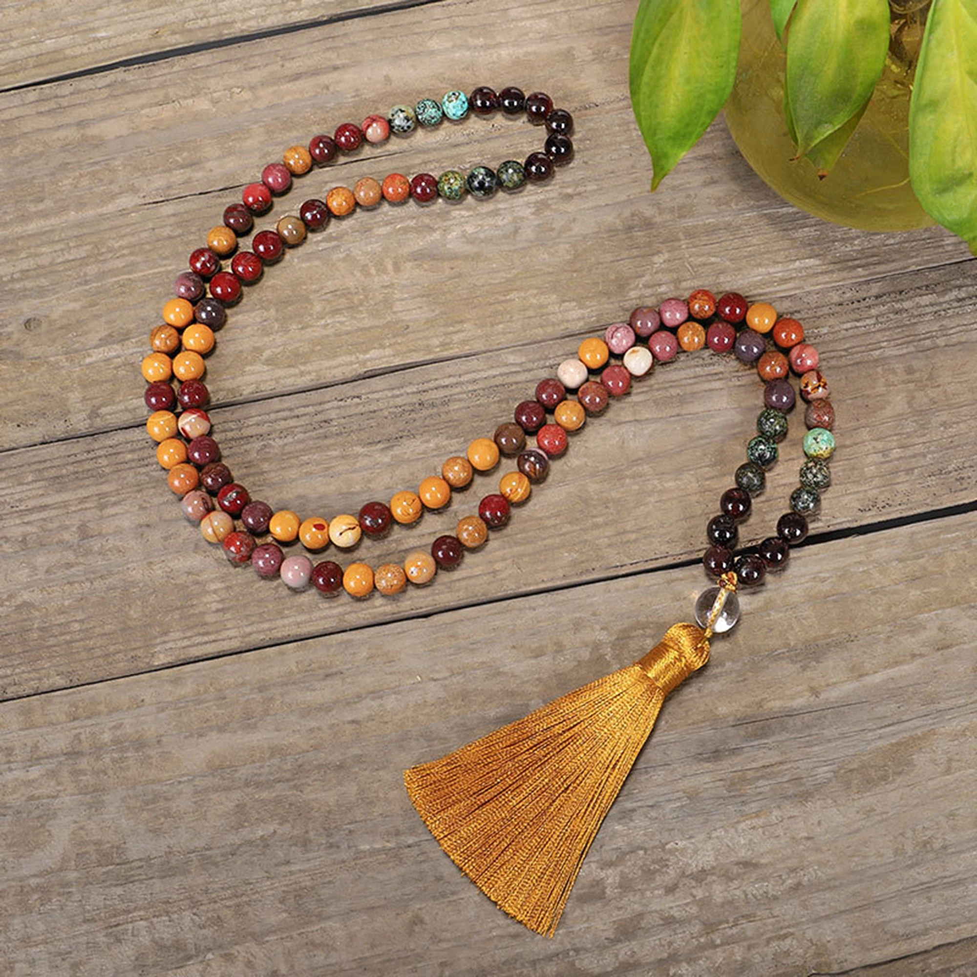 108 Mala Beads Bracelet Mookaite Jasper Beaded Necklace Black Obsidian African Turquoise Necklace Tassel Pendant Healing Balance