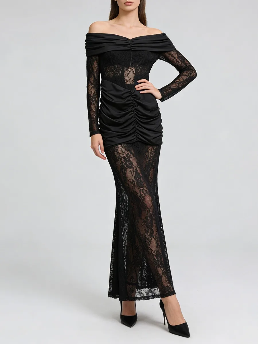 เดรสลูกไม้ซีทรูทรงเข้ารูปเซ็กซี่ TWOTWINSTYLE สำหรับผู้หญิง คอวี แขนยาว แต่งผ้าต่อกัน จับจีบ แฟชั่นใหม่