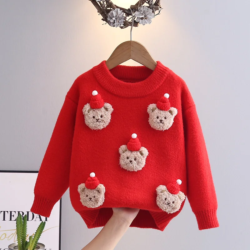 Girls Christmas Sweater 2-10Y Kids Winter Knitwear Pullover New Children's Autumn Cartoon Warm Coats Toddler Thick Clothing