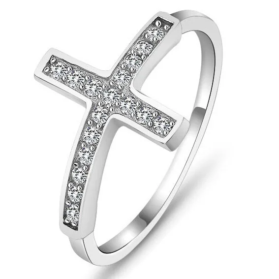 Elegant Silver Color Cross Ring for Women Platinum Plated Copper Cubic Zirconia Sideways Cross Finger Ring Christian Religious J