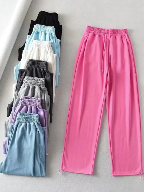 بنطلون رياضي نسائي بخصر مرتفع ورباط، تصميم عصري للربيع والخريف، فضفاض ومستقيم الساق، بنطلون طويل كاجوال #1