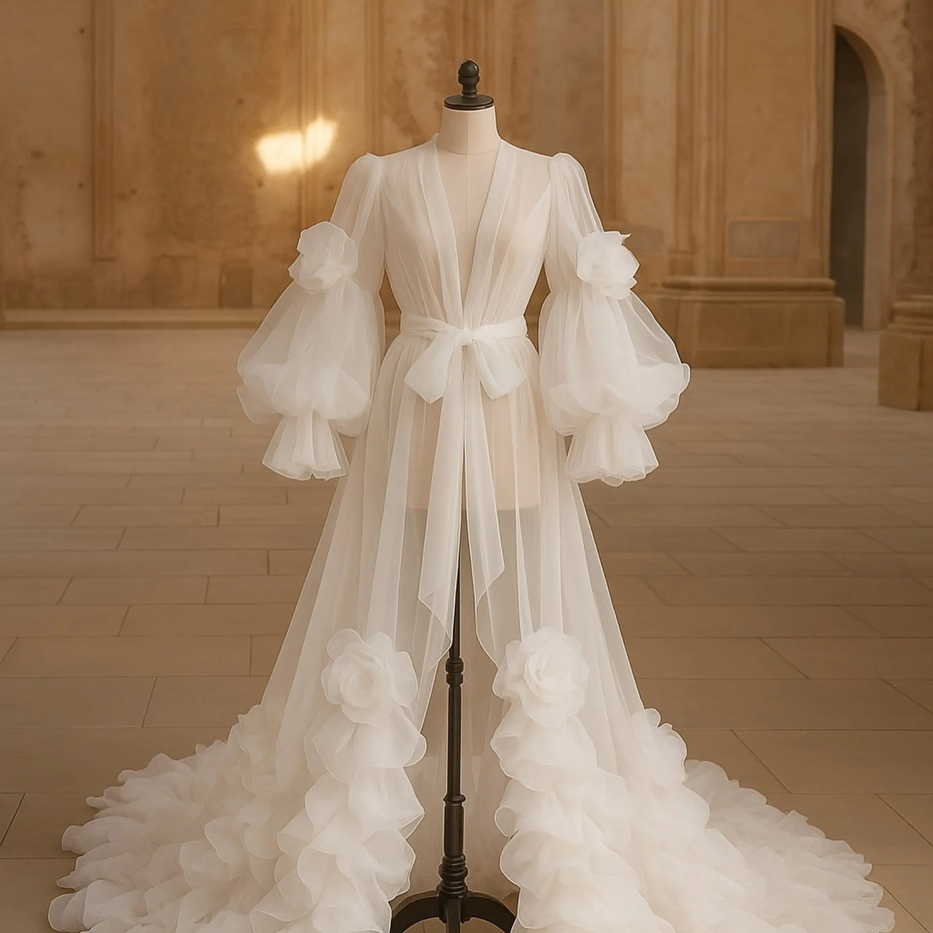 

Elegant Ivory Wedding Dress with Long Ruffled Train, Deep Puffed Sleeves, 3D Flower Appliqués, Organza Bridal Robe Romantic