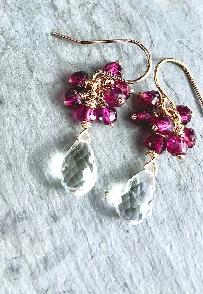 Gemstone Cluster Earrings, Garnet and Green Amethyst, Gold Fill, Sparkly Gemstone Drop Earrings, Glam Chic, Tiny Wire Wrapped