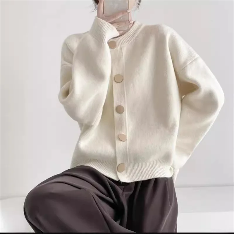 

Korean Loose Women Cardigan Sweaters Casual Long Sleeve Solid Simple Knitted Coat Autumn O Neck Lady All Match Outwear Tops