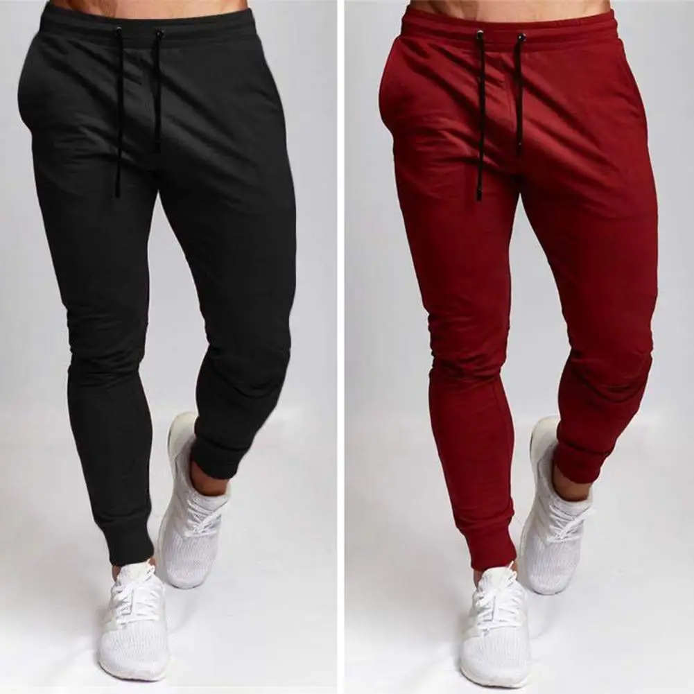 Heren Sportbroek Effen Kleur Elastische Taille Trekkoord Enkelband Zachte Fitness Zweetabsorptie Joggingbroek Mannelijke Kleding