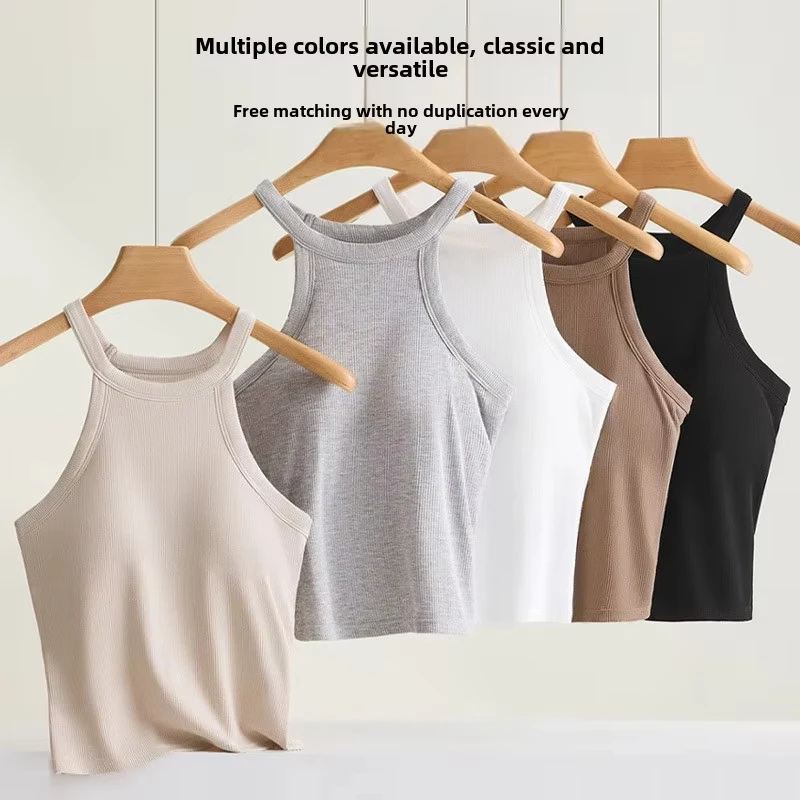 S-XL Threaded Halter Neck Camisole Top With Build-in Bra High Elastic Slim-fitting Sling Fixed Cup Breathable Women Underwear