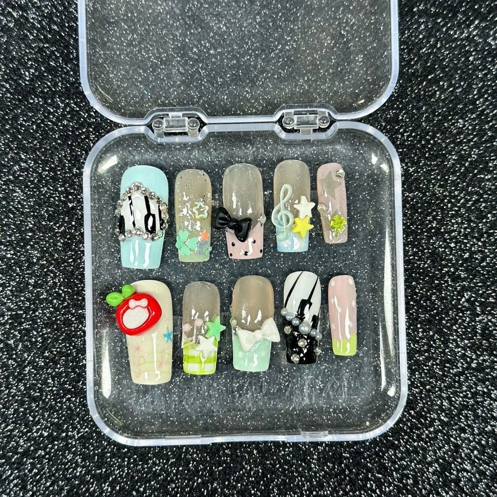 10Pcs Kawaii Cartoon Long Coffin French Full Cover Nail Sweet Cool 3D Bow Five-Pointed Star Pure Handmade Fake Nails Gift