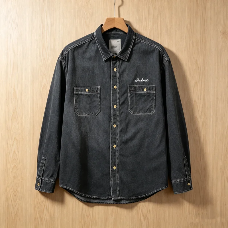 Japan Long Sleeve Madness MDNS Embrodiery Collar Patch Label Denim Shirt Men Women Chest Ermbroiderd Logo V-shape Shirt Blouse