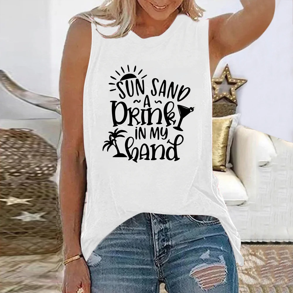 

Seeyoushy Sand A Drink In My Hand 2023 Summer New Sleeveless O-neck Women's Tshirt Y2K Trend Women's Top Casual Holiday Clothing