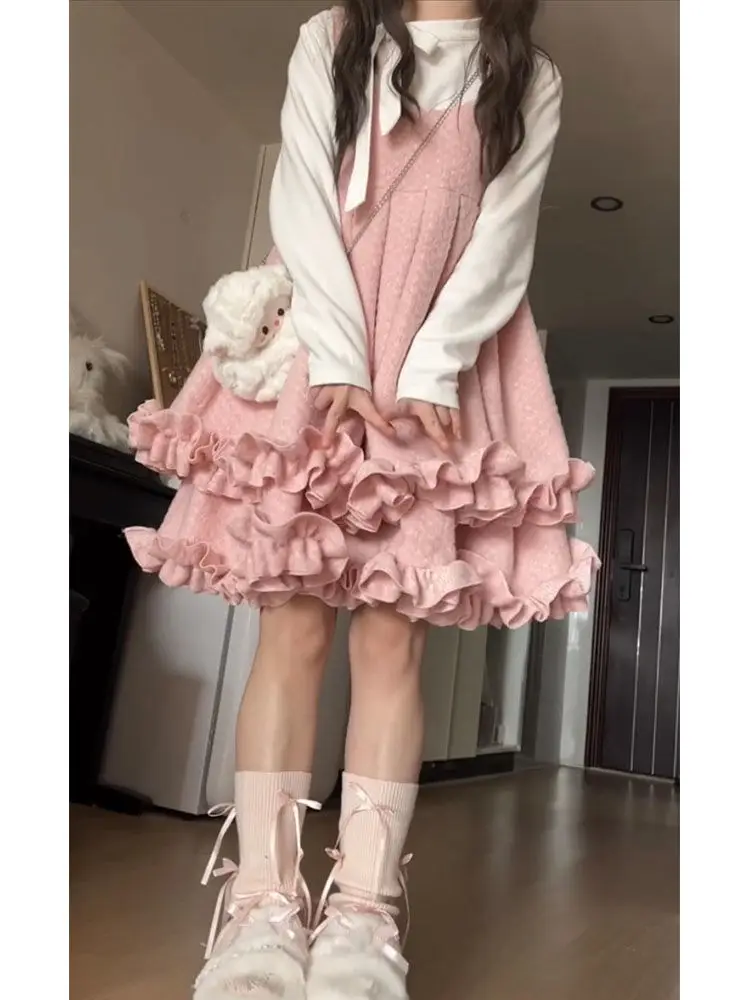 اليابانية الحلو لوليتا فستان 2 قطعة مجموعة Preppy نمط الدانتيل كم طويل القوس س الرقبة كشكش Kawaill فضفاض أضعاف تي شيرت 2025 الخريف