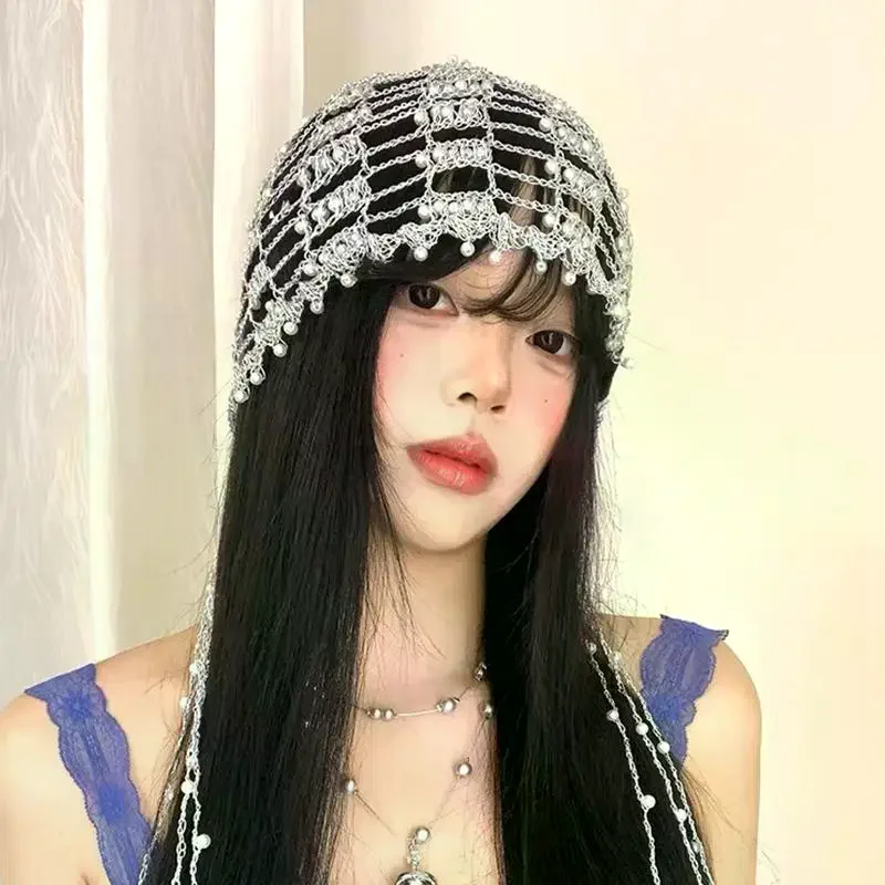 Trendy Handmade Chain Beaded Design Hollow Pullover Hats For Women Summer Autumn Personality Versatile Retro Punk Niche Beanies