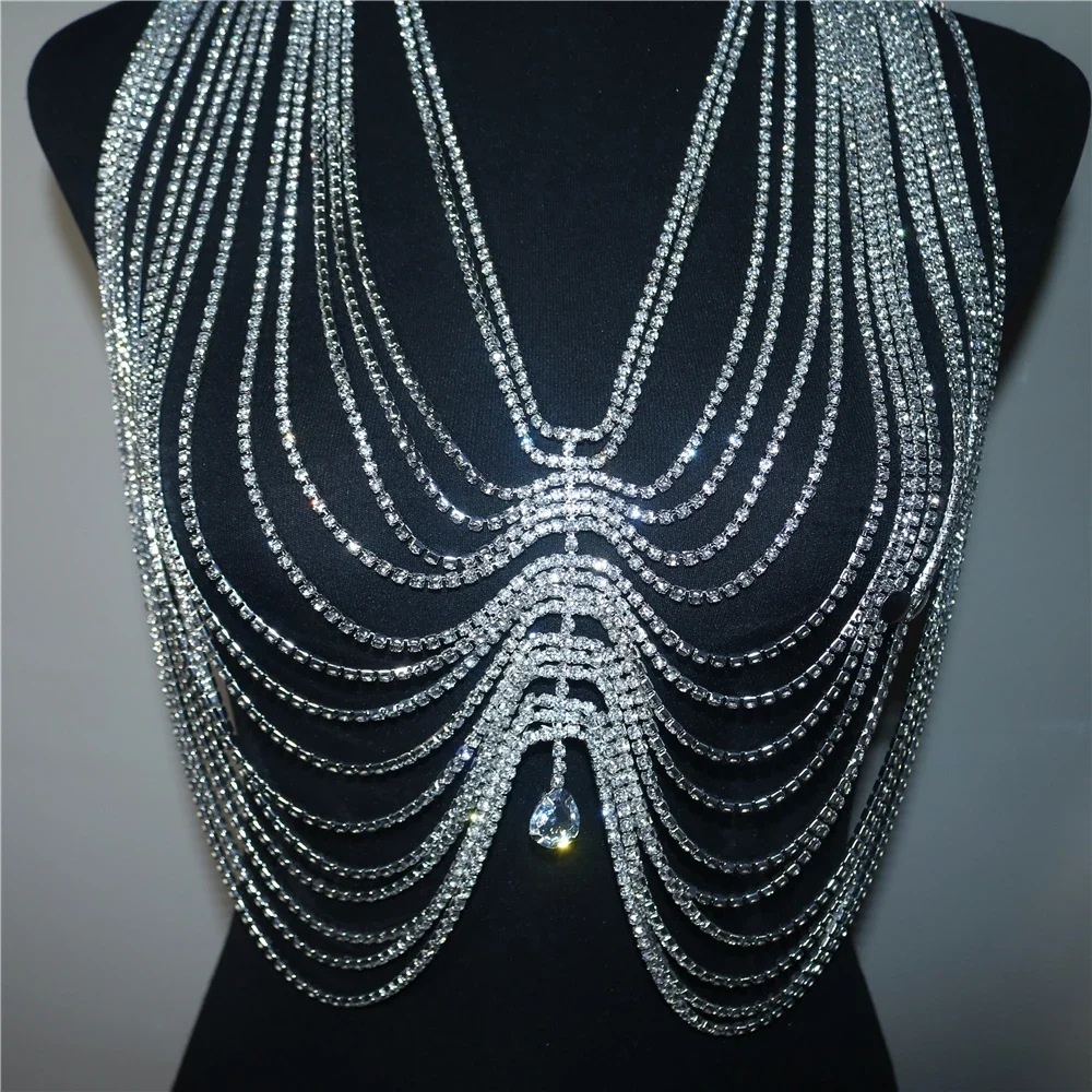 2022 جديد كريستال شرابة قطرة قلادة أعلى الجسم سلسلة الصدرية للنساء الفاخرة حجر الراين الجسم Bralette الصدر سلسلة بيكيني مجوهرات