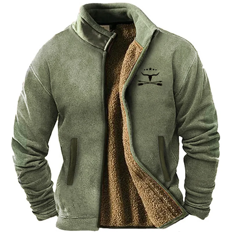 Chaqueta gruesa de terciopelo para hombre, chaleco interior de piel, cálido y a prueba de frío, cremallera Retro étnica, foto realista, invierno, hogar