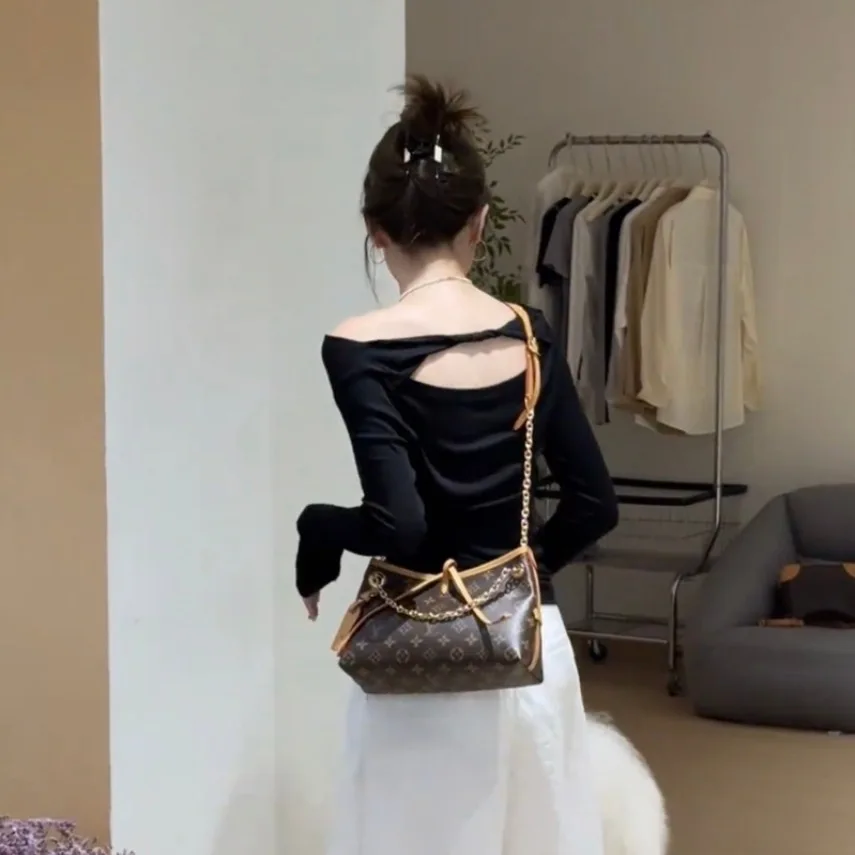 

2025 Autumn New Women's T Shirt Cut Out Back Design Long Sleeve Casual Off Shoulder Sun Protective Top