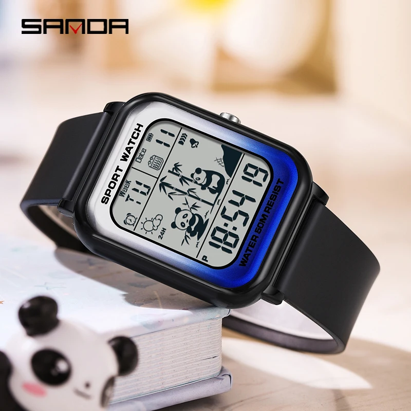 SANDA 2024 New Top Panda Pattern Square Gradient Electronic Watch Sports Casual Outdoor Waterproof Trend Unisex Wristwatch 6120