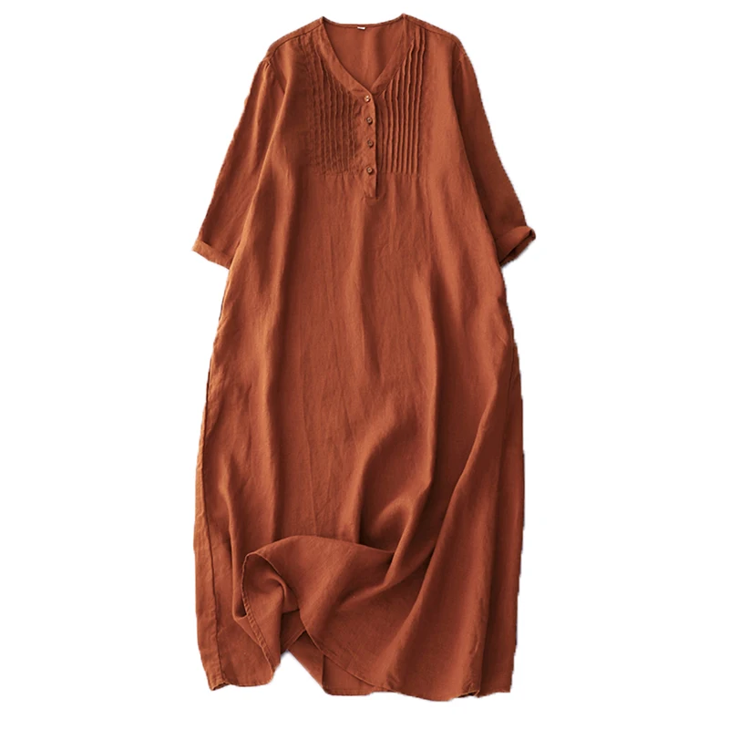 Summer New Cotton Linen Dr Loose Slimming Artistic Casual Travel Pleated Straight Long Dr Women's Midi Dr