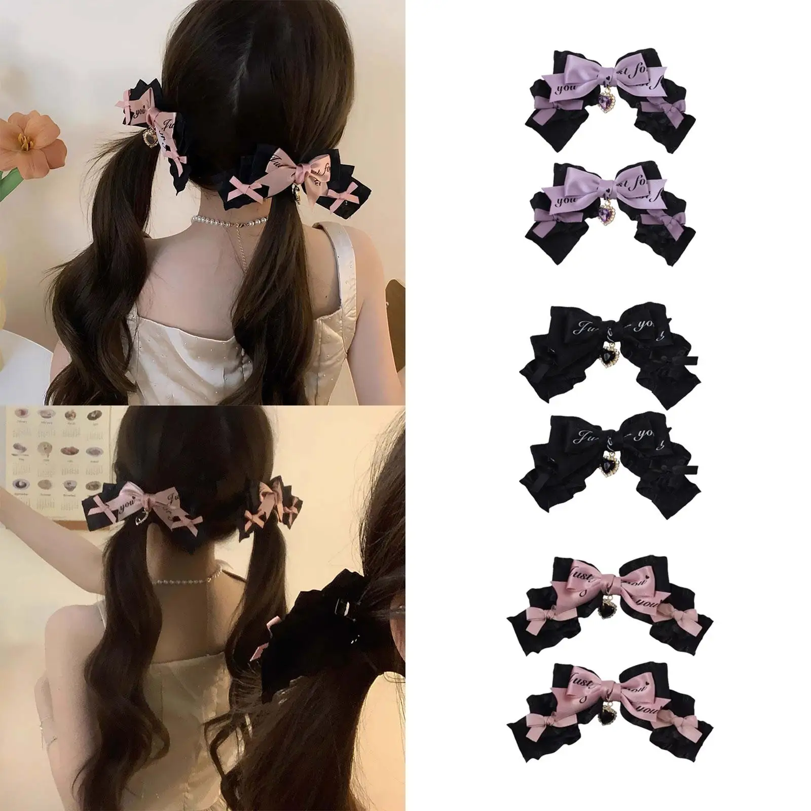 

2x Lolita Bow Hair Clips Cosplay Women Decoration Double Ponytail Clip Bow Gothic Cute Decorative Sweet Cool Girl Hair Bows