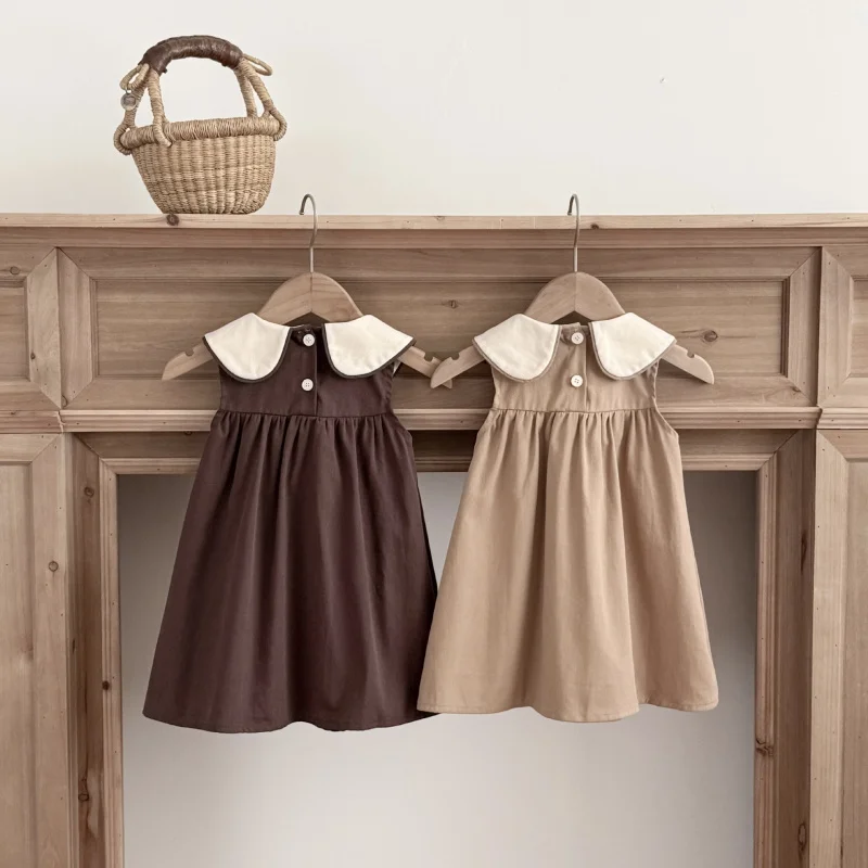 Baby girl's Korean-style super cute college-style dress, summer toddler retro turn-down collar sleeveless princess dress