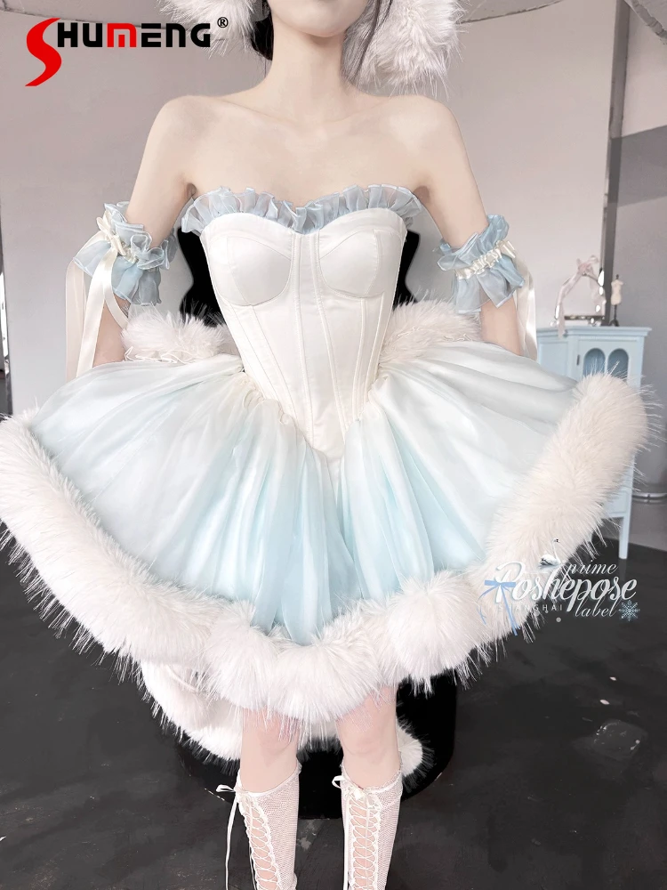 

Winter New Plush Warm Dress Christmas Party New Year Women's Lolita Dress Princess Birthday Party Tube Top Ball Gown Dresses