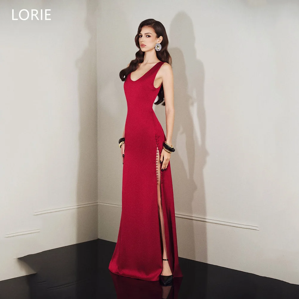 

LORIE Chic Satin Party Dresses V-Neck Sleeveless Evening Prom Dress Elegant Button Side Slit A-Line Prom Gowns Customized