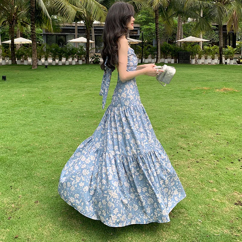 Boho Abito lungo con stampa floreale Donna 2025 Nuova estate Sexy Backless Bowknot Casual Vacanza Beach Stampa Abito lungo Robe