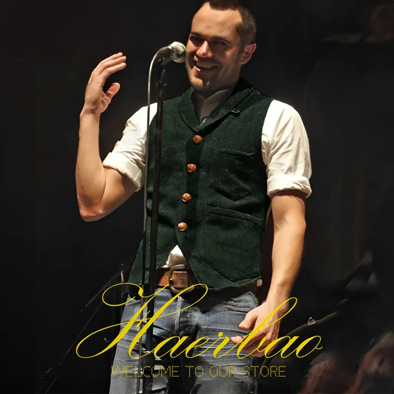 Khaki Men's Vest Herringbone Vintage Sleeveless Jacket Steampunk Single Breasted Waistcoat Slim Fit Groom Vests