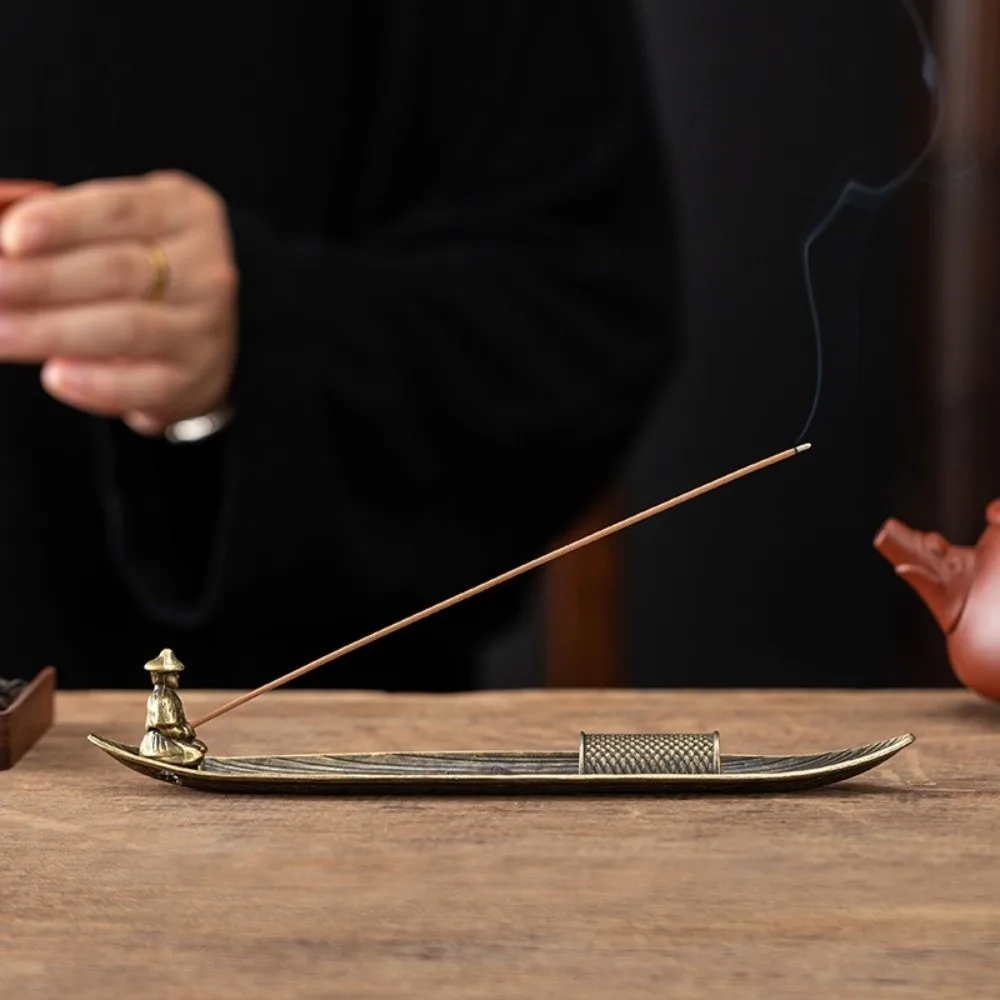 Boat Shape Incense Holder Metal Traditional Incense Censer Old Men Fishing Sturdy Aromatherapy Ornament Meditation Space