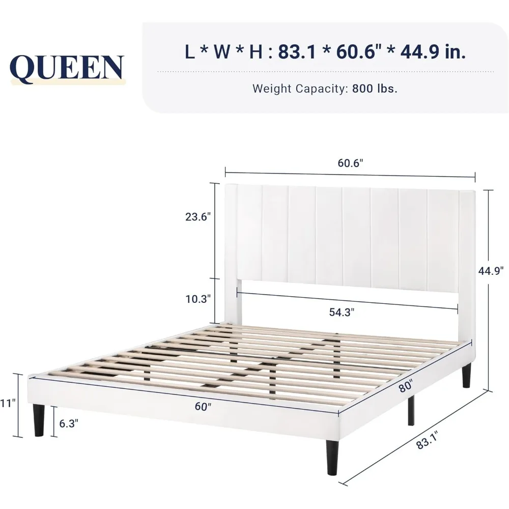 Queen Bed Frame/Velvet Upholstered Bed Frame with Vertical Channel Tufted Headboard/Platform Bed Frame/Mattress Foundation/White