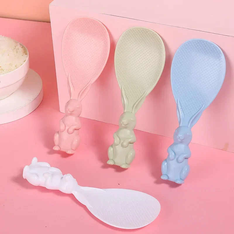 Home Cute Rabbit Shape Rice Spoon Wheat Straw Material Can Stand Non-stick Rice Shovel Pink Green Blue White Can Be Selected